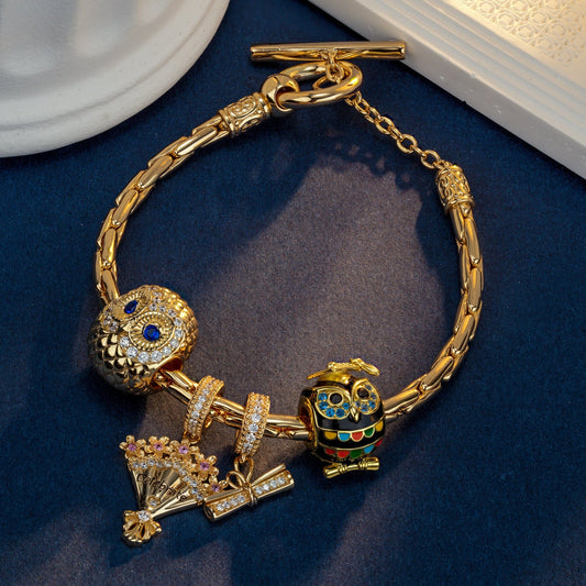 gon- Sterling Silver Owl of Wisdom Charms Bracelet Set With Enamel In 14K Gold Plated (Includes bracelet and all charms shown)