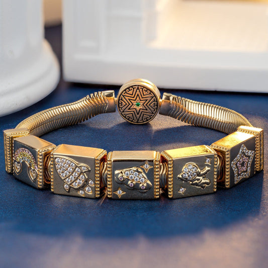 gona- Sterling Silver Cosmic Exploration Rectangular Charms Bracelet Set In 14K Gold Plated (Includes bracelet and all charms shown)