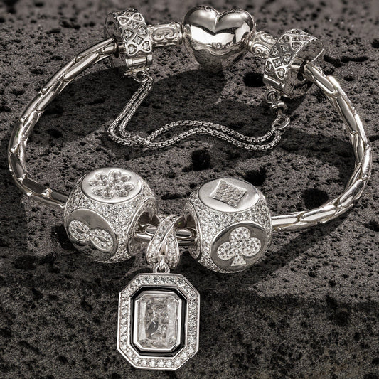 gona- Sterling Silver Interlaced Fate Charms Bracelet Set With Enamel In White Gold Plated (Includes bracelet and all charms shown)