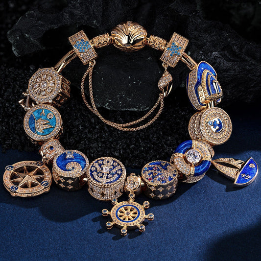 gona- Sterling Silver Dance with the Sea Charms Bracelet Set With Enamel In 14K Gold Plated (Includes bracelet and all charms shown)