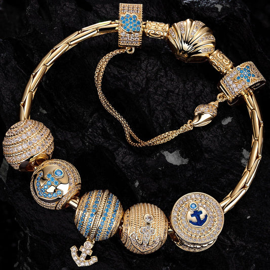 gona- Sterling Silver Adventure's Anchor Charms Bracelet Set With Enamel In 14K Gold Plated (Includes bracelet and all charms shown)