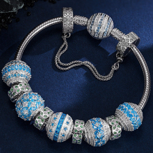 gona- Sterling Silver Blue Horizon Harmony Charms Bracelet Set In White Gold Plated (Includes bracelet and all charms shown)