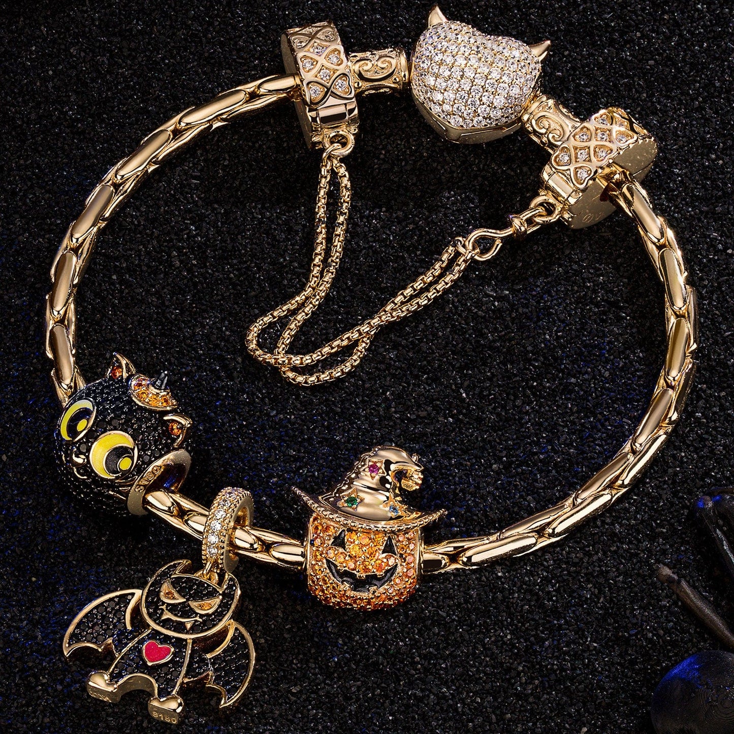 Sterling Silver Playful Monsters Charms Bracelet Set With Enamel In 14K Gold Plated (Includes bracelet and all charms shown)
