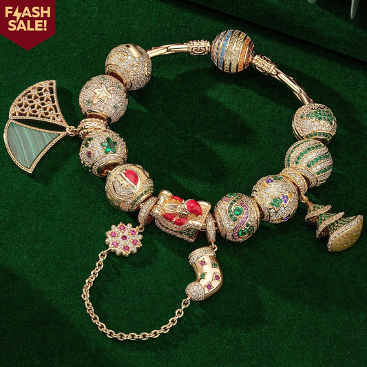 gona- Sterling Silver Yuletide Tree Traverse Charms Bracelet Set With Enamel In 14K Gold Plated (Includes bracelet and all charms shown)