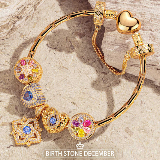 gona- Sterling Silver Amour and Blossom Birthstone Charms Bracelet Set With Enamel In 14K Gold Plated (Includes bracelet and all charms shown)