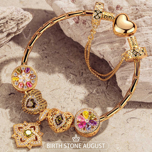 gona- Sterling Silver Amour and Blossom Birthstone Charms Bracelet Set With Enamel In 14K Gold Plated (Includes bracelet and all charms shown)