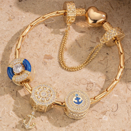 gona- Sterling Silver Captivating Sailing Charms Bracelet Set With Enamel In 14K Gold Plated (Includes bracelet and all charms shown)