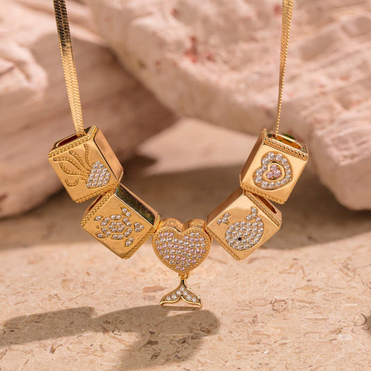 gon- Sterling Silver Maritime Beauty Rectangular Charms Necklace Set In 14K Gold Plated