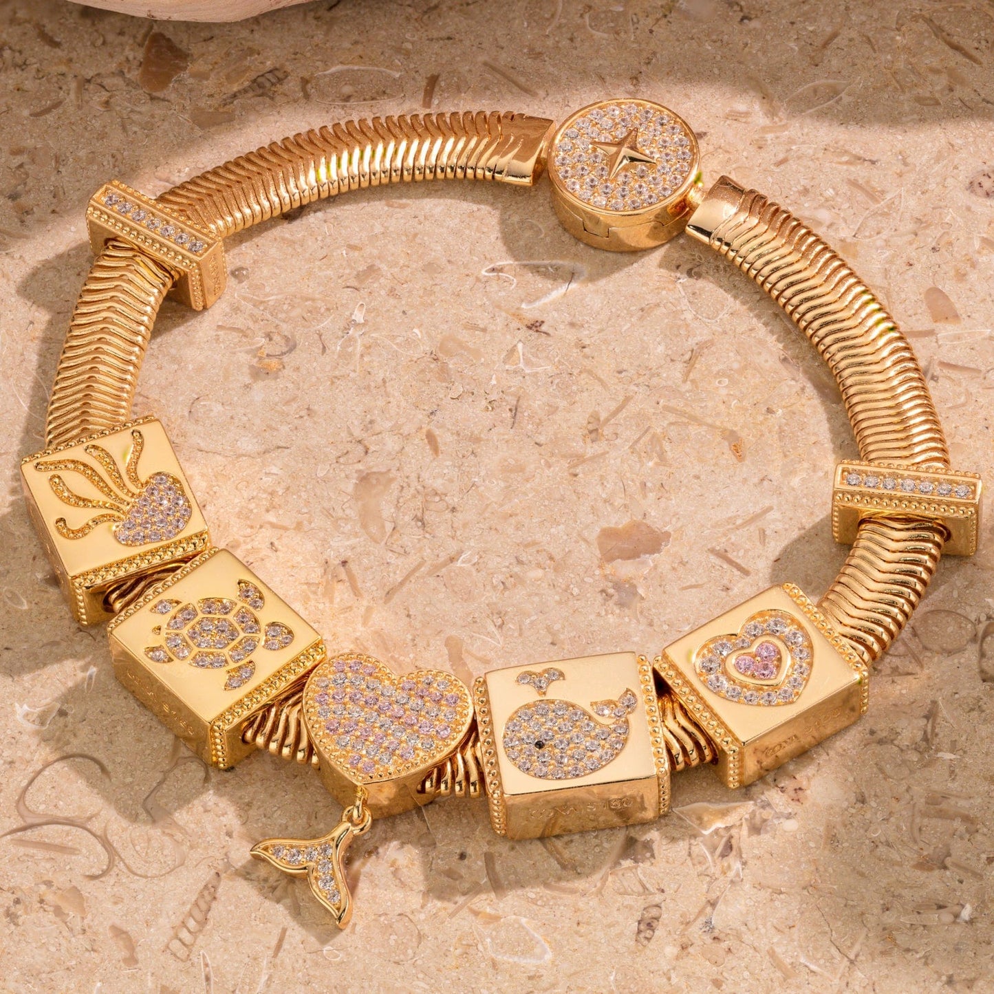 Sterling Silver Maritime Beauty Rectangular Charms Bracelet Set In 14K Gold Plated (Includes bracelet and all charms shown)