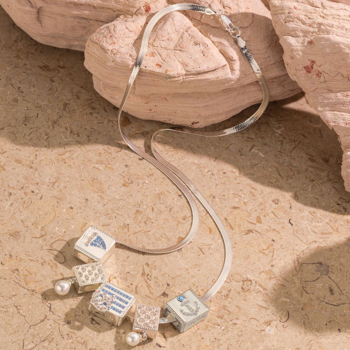 Sterling Silver Oceanic Exploration Rectangular Charms Necklace Set In White Gold Plated