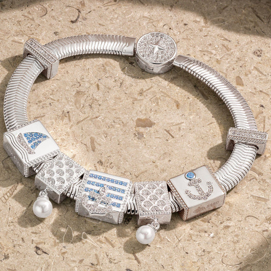 gona- Sterling Silver Oceanic Exploration Rectangular Charms Bracelet Set In White Gold Plated (Includes bracelet and all charms shown)