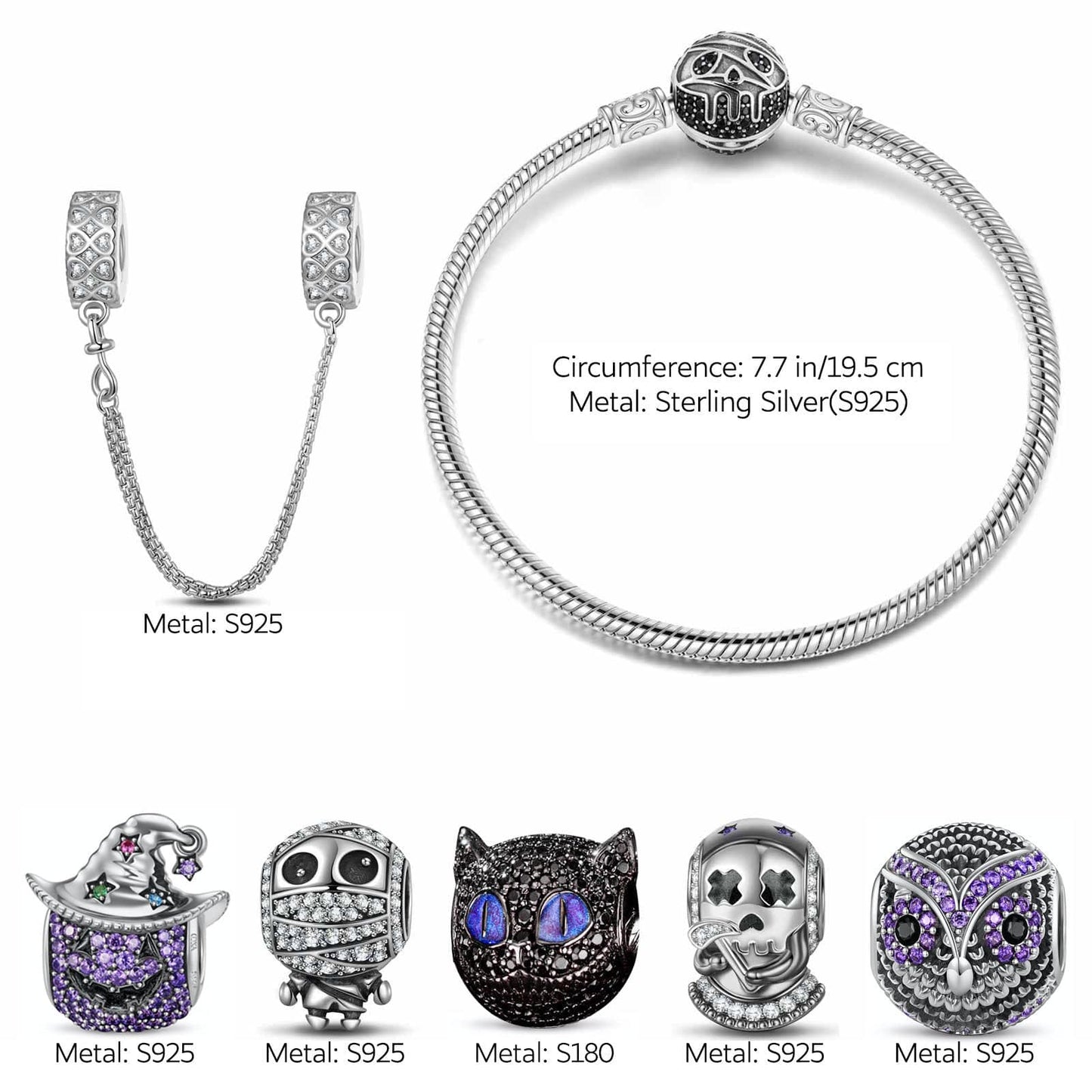 Sterling Silver Spooky Fun Charms Bracelet Set With Enamel In Two-Tone Plating (Includes bracelet and all charms shown)