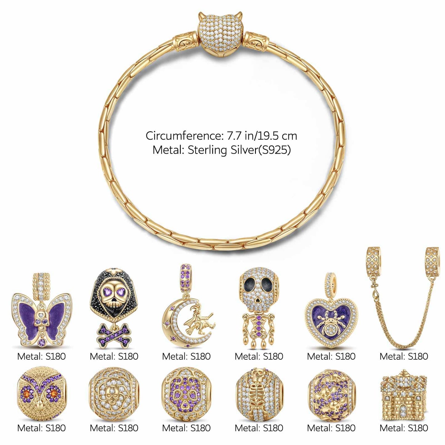 Sterling Silver Haunting Ghost Charms Bracelet Set With Enamel In Two-Tone Plating (Includes bracelet and all charms shown)