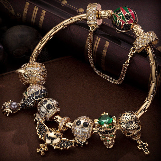 gona- Sterling Silver Kingly Halloween Charms Bracelet Set With Enamel In 14K Gold Plated (Includes bracelet and all charms shown)