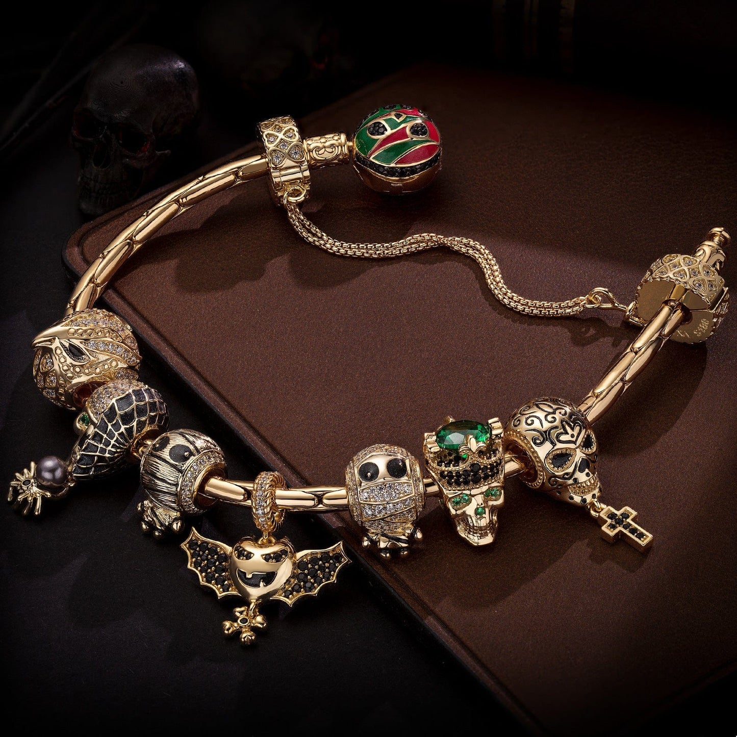 Sterling Silver Kingly Halloween Charms Bracelet Set With Enamel In 14K Gold Plated (Includes bracelet and all charms shown)