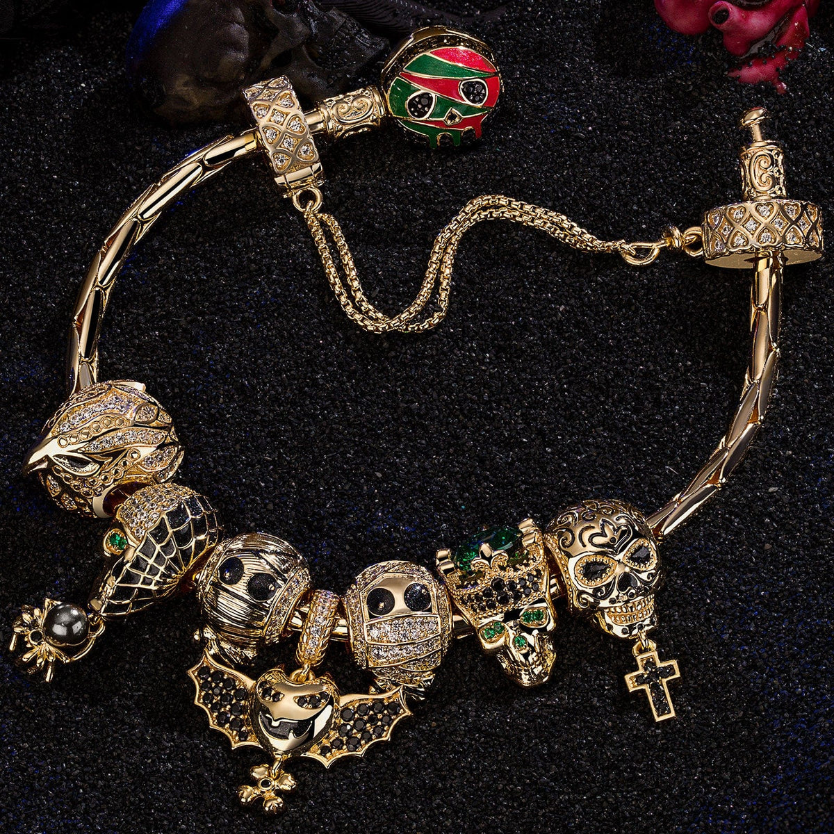 Sterling Silver Kingly Halloween Charms Bracelet Set With Enamel In 14K Gold Plated (Includes bracelet and all charms shown)