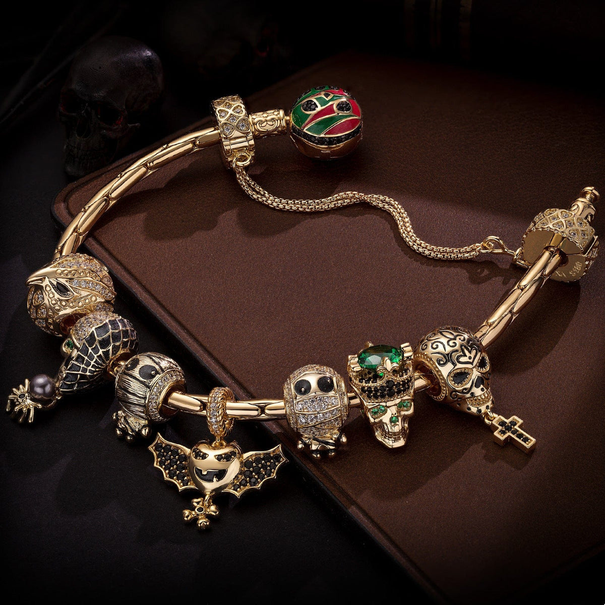 Sterling Silver Kingly Halloween Charms Bracelet Set With Enamel In 14K Gold Plated (Includes bracelet and all charms shown)