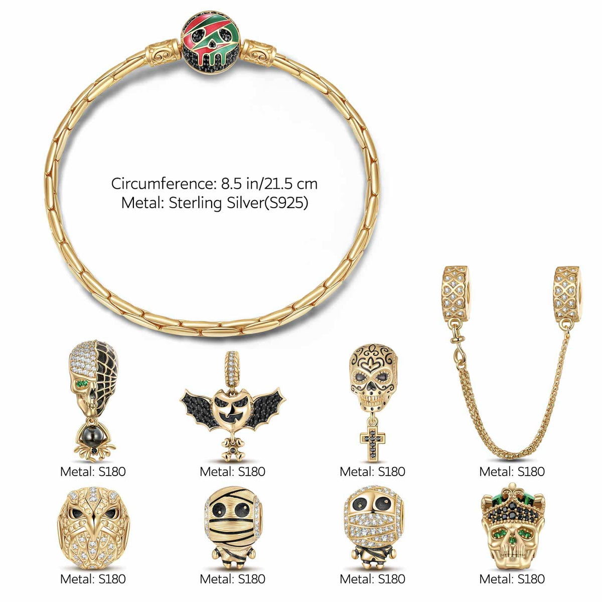 Sterling Silver Kingly Halloween Charms Bracelet Set With Enamel In 14K Gold Plated (Includes bracelet and all charms shown)