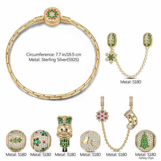 gon- Sterling Silver Emerald Christmas Sentinel Charms Bracelet Set With Enamel In 14K Gold Plated (Includes bracelet and all charms shown)