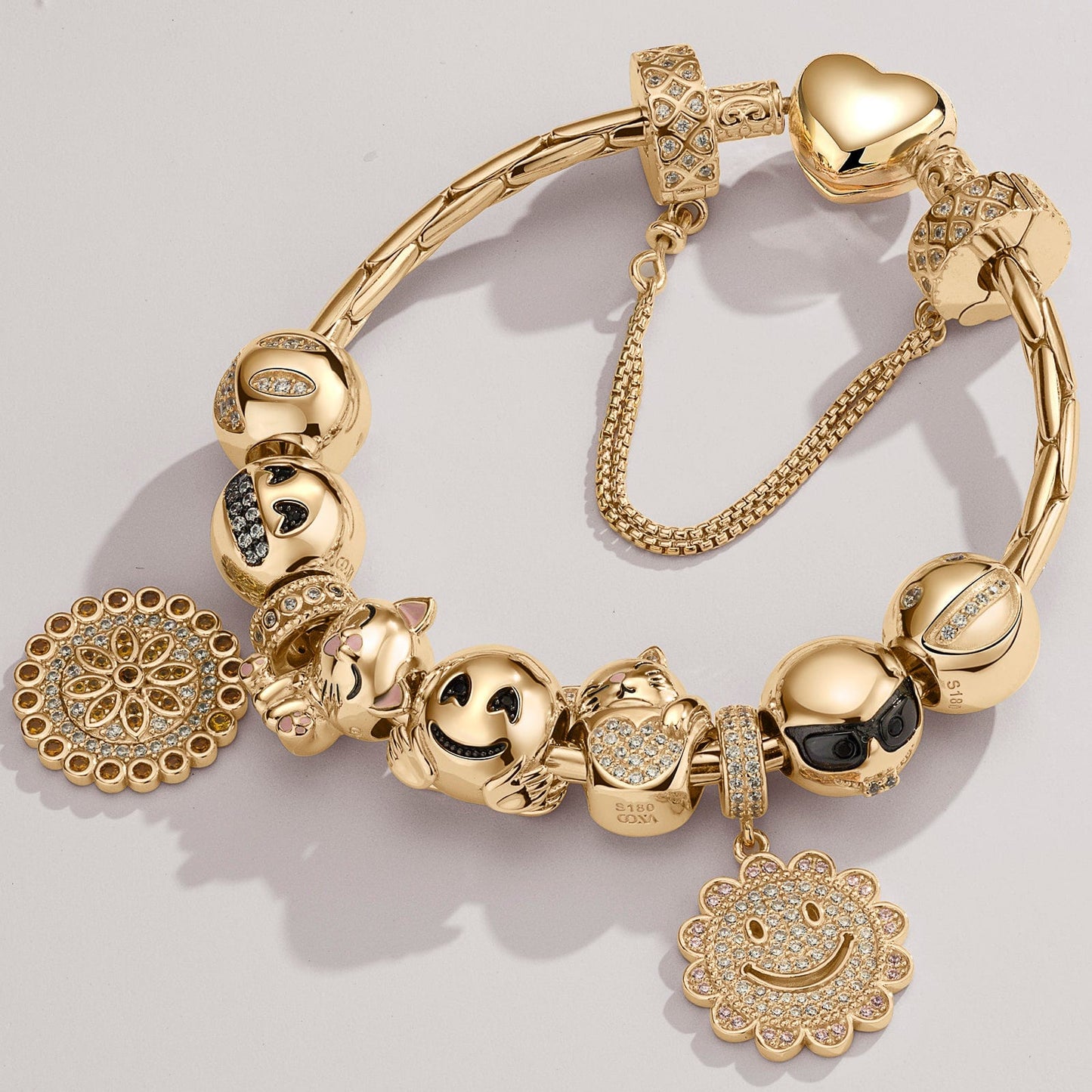 Sterling Silver Joyful Beaming Charms Bracelet Set With Enamel In 14K Gold Plated (Includes bracelet and all charms shown)