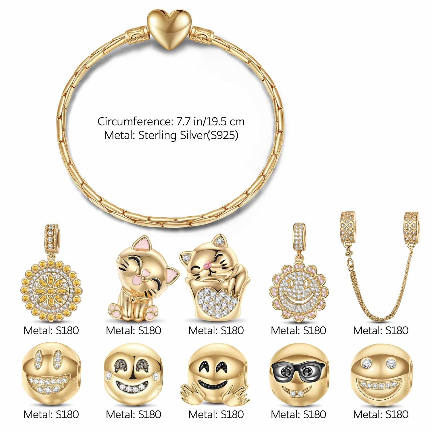 Sterling Silver Joyful Beaming Charms Bracelet Set With Enamel In 14K Gold Plated (Includes bracelet and all charms shown)