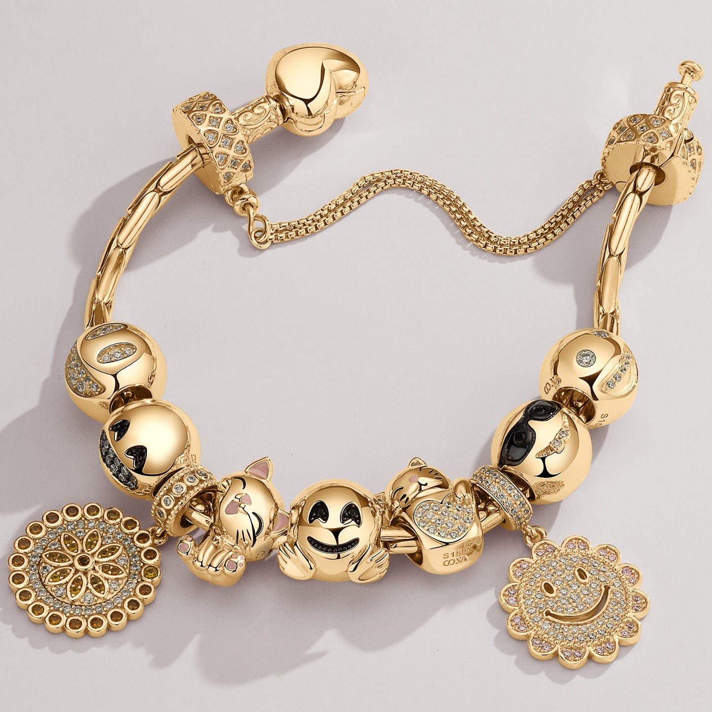 Sterling Silver Joyful Beaming Charms Bracelet Set With Enamel In 14K Gold Plated (Includes bracelet and all charms shown)