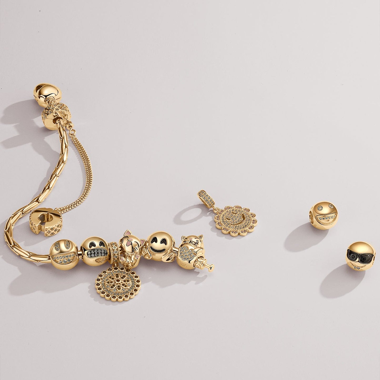 Sterling Silver Joyful Beaming Charms Bracelet Set With Enamel In 14K Gold Plated (Includes bracelet and all charms shown)