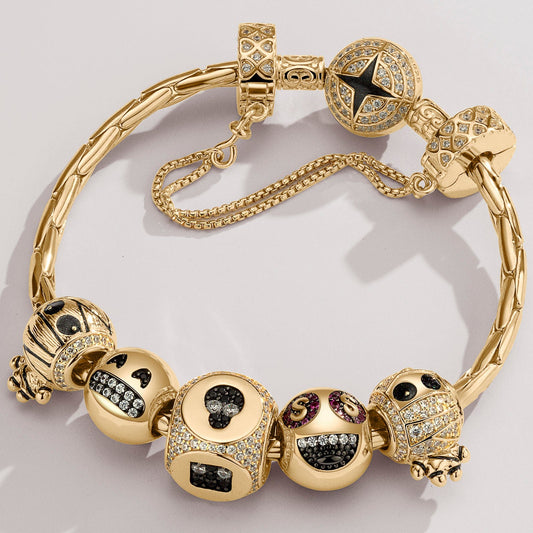 gona- Sterling Silver Grinning Bliss Charms Bracelet Set With Enamel In 14K Gold Plated (Includes bracelet and all charms shown)