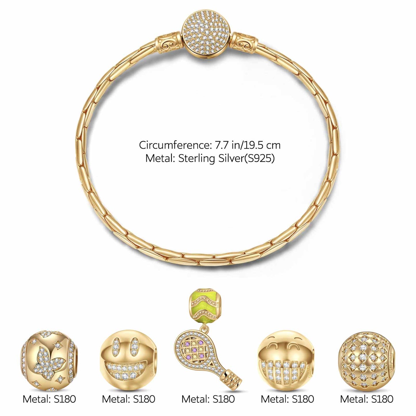 Sterling Silver Immerse in Tennis Fun Charms Bracelet Set With Enamel In 14K Gold Plated (Includes bracelet and all charms shown)
