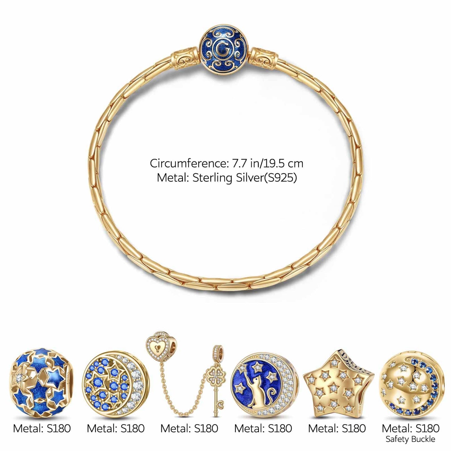 Sterling Silver Touch My Starlight Charms Bracelet Set With Enamel In 14K Gold Plated (Includes bracelet and all charms shown)