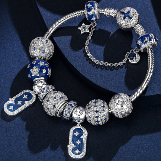 gona- Sterling Silver Dazzling Stardust Charms Bracelet Set With Enamel In White Gold Plated (Includes bracelet and all charms shown)