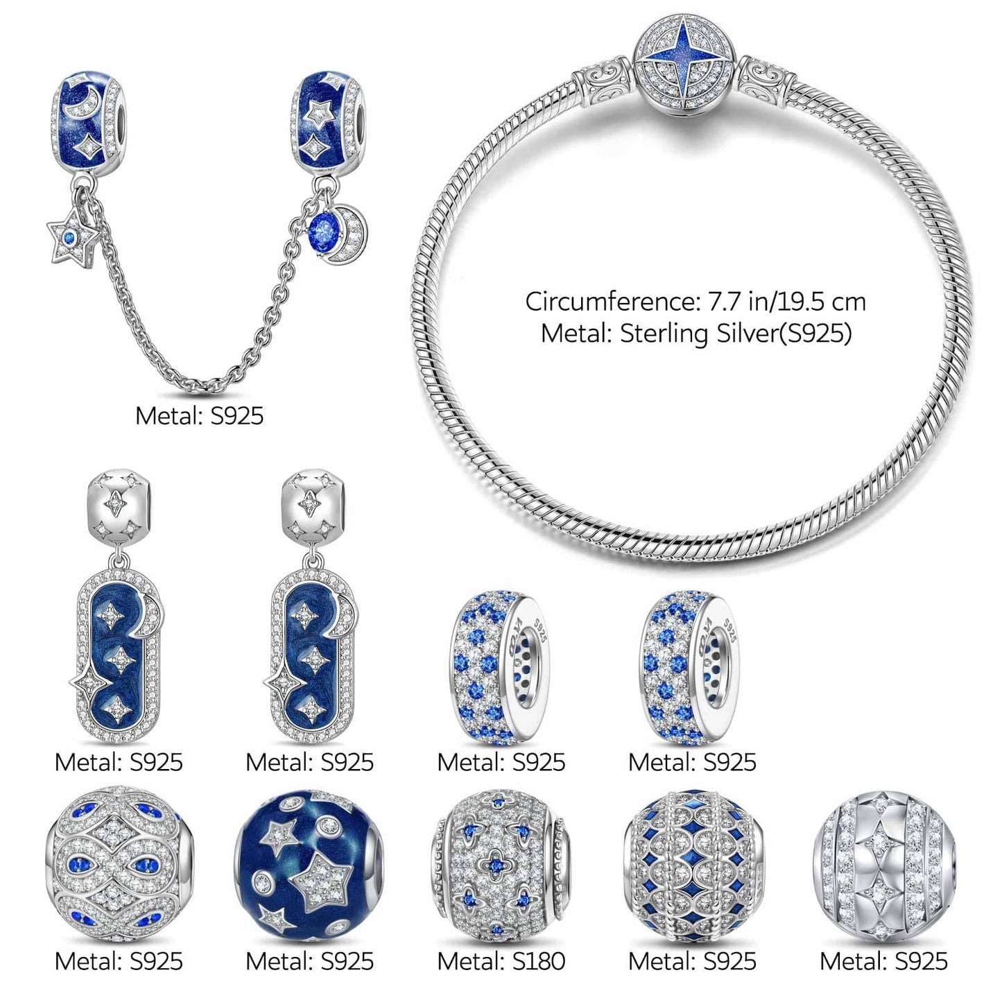 Sterling Silver Dazzling Stardust Charms Bracelet Set With Enamel In White Gold Plated (Includes bracelet and all charms shown)