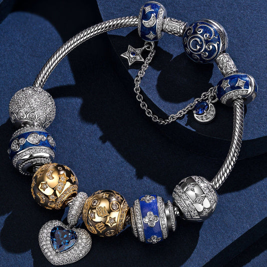 gona- Sterling Silver Starlit Love Charms Bracelet Set With Enamel, Featuring Dual Plating in 14K Gold and White Gold (Includes bracelet and all charms shown)