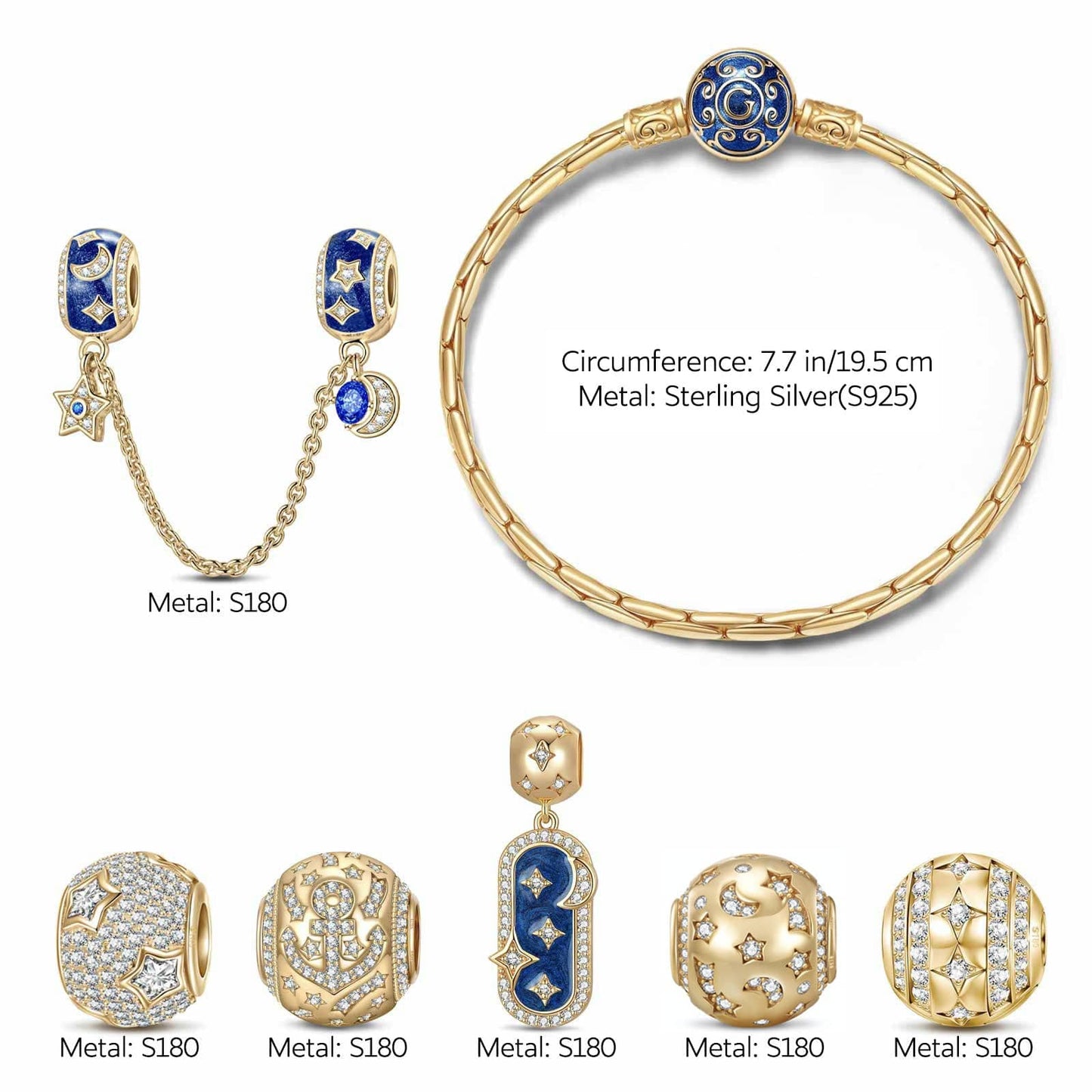Sterling Silver Twinkling Starlight Charms Bracelet Set With Enamel In 14K Gold Plated (Includes bracelet and all charms shown)