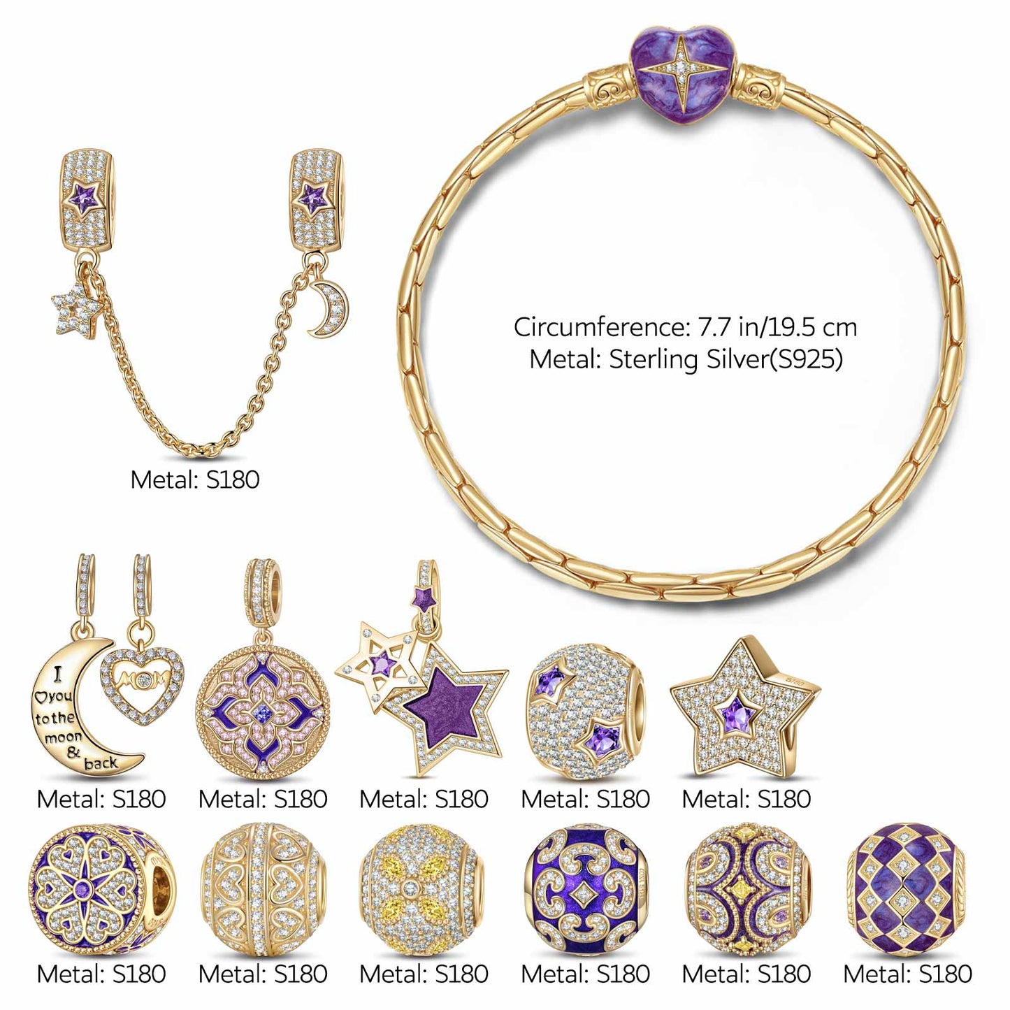 Sterling Silver Astral Visions Charms Bracelet Set With Enamel In 14K Gold Plated (Includes bracelet and all charms shown)