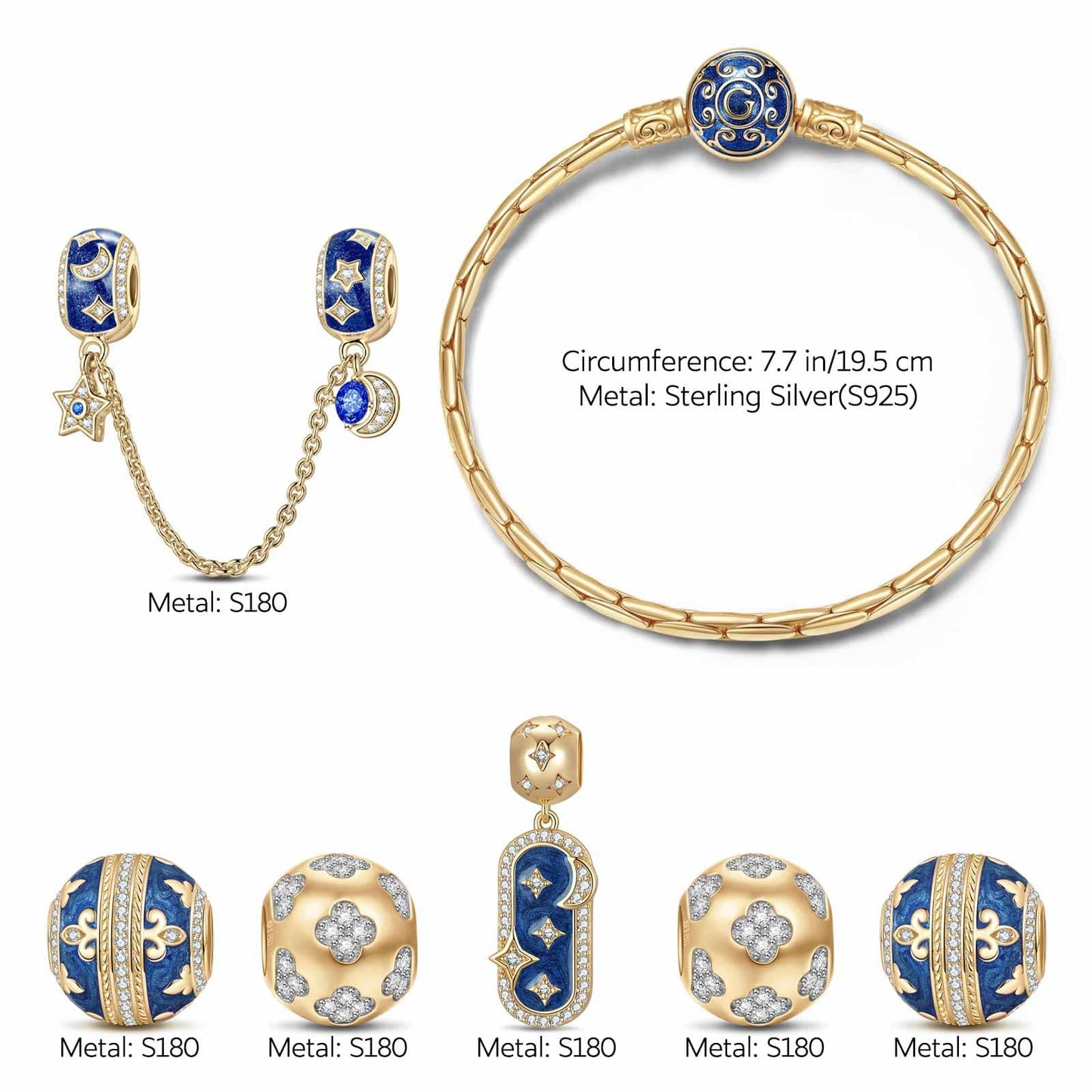 Sterling Silver Starlight Blessings Charms Bracelet Set With Enamel In 14K Gold Plated (Includes bracelet and all charms shown)