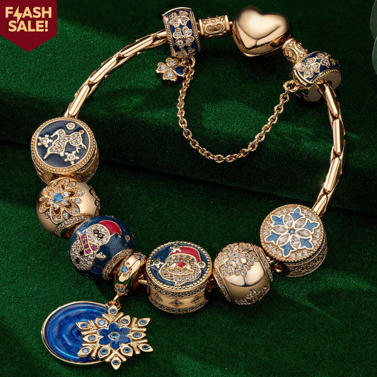 gona- Sterling Silver Snowy Christmas Charms Bracelet Set With Enamel In 14K Gold Plated (Includes bracelet and all charms shown)