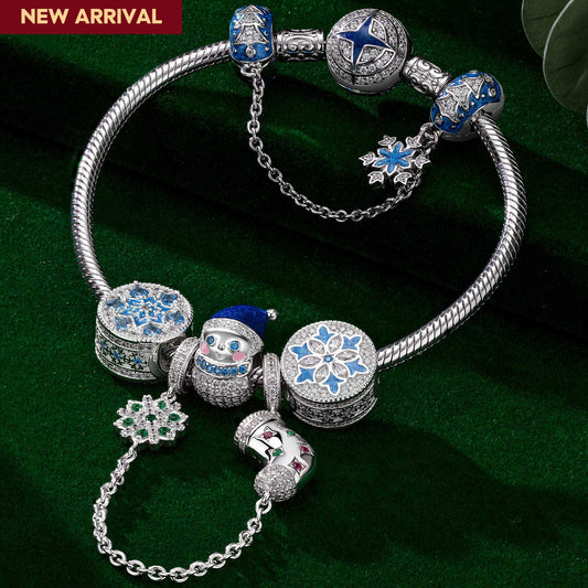 gona- Sterling Silver Adorable Christmas Snowman Charms Bracelet Set With Enamel In White Gold Plated (Includes bracelet and all charms shown)