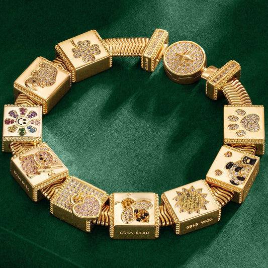 gona- Sterling Silver Serenity in Nature's Embrace Rectangular Charms Bracelet Set In 14K Gold Plated (Includes bracelet and all charms shown)