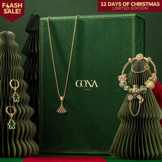 gona- Cyber Monday Limited Special - The Iconic Advent Calendar - 12 Days Of Christmas Fine Jewelry Gift Set: Sterling Silver Evergreen Cheer Charms Earrings and Necklace and Bracelet Set With Enamel In 14K Gold Plated