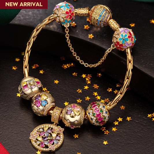 gona- Sterling Silver Dance of Colors Charms Bracelet Set In 14K Gold Plated (Includes bracelet and all charms shown)