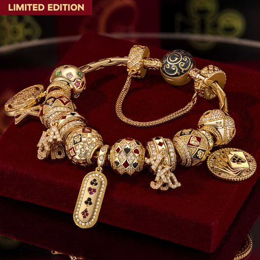 gona- Sterling Silver Destiny's Card Charms Bracelet Set With Enamel In 14K Gold Plated (Includes bracelet and all charms shown)