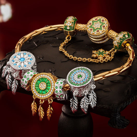 gona- Sterling Silver Verdant Dreamcatcher Charms Bracelet Set, Featuring Dual Plating in 14K Gold and White Gold (Includes bracelet and all charms shown)
