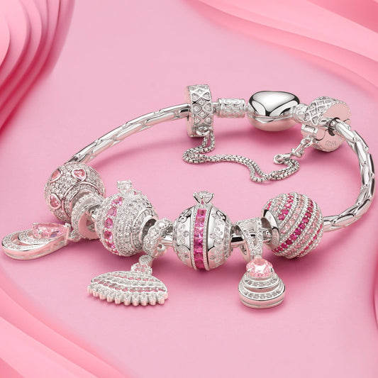 gona- Sterling Silver Pink Petal Princess Charms Bracelet Set In White Gold Plated (Includes bracelet and all charms shown)