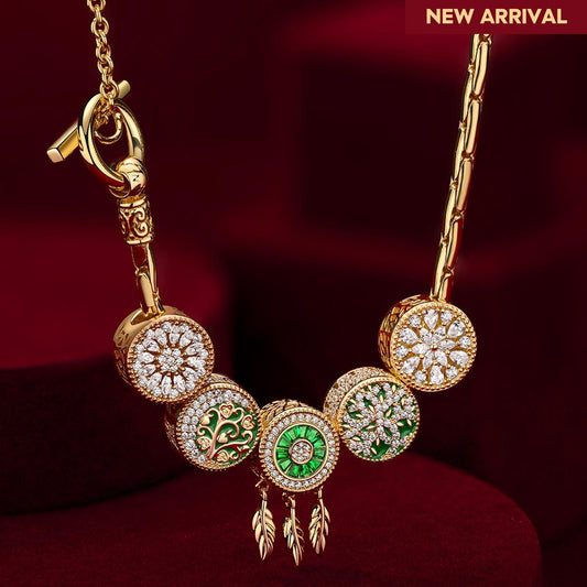 gon- Sterling Silver Dreamweaving in Greenery Charms Necklace Set With Enamel In 14K Gold Plated