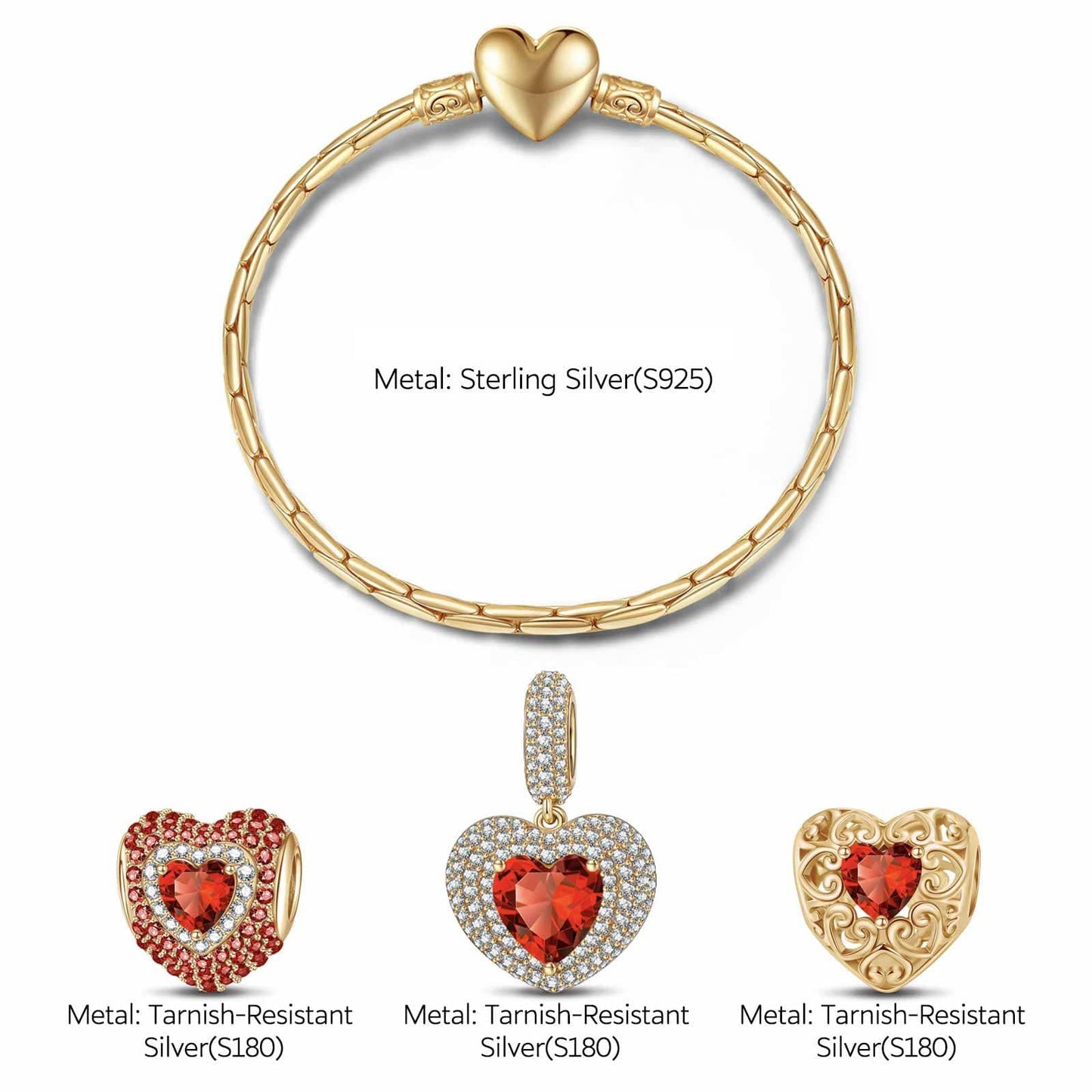 Sterling Silver Crimson Heart: January Garnet Charms Bracelet Set In 14K Gold Plated (Includes bracelet and all charms shown)