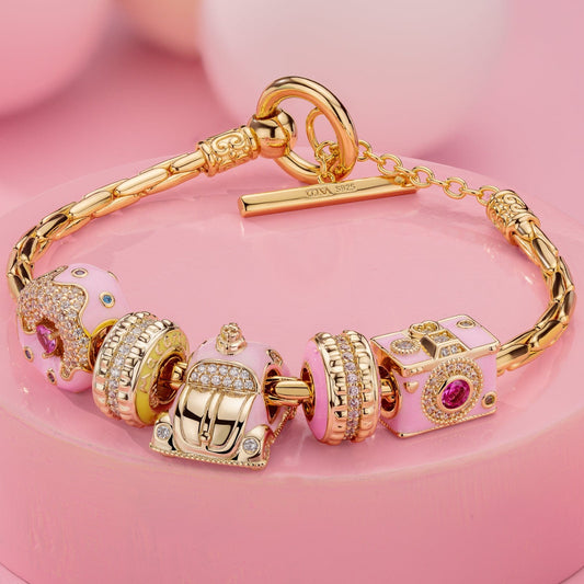 gon- Sterling Silver Carefree Journeys Charms Bracelet Set With Enamel In 14K Gold Plated (Includes bracelet and all charms shown)