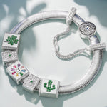 Sterling Silver Smiley Bloom Rectangular Charms Bracelet Set In White Gold Plated(Includes bracelet and all charms shown)