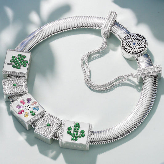 gona- Sterling Silver Smiley Bloom Rectangular Charms Bracelet Set In White Gold Plated(Includes bracelet and all charms shown)