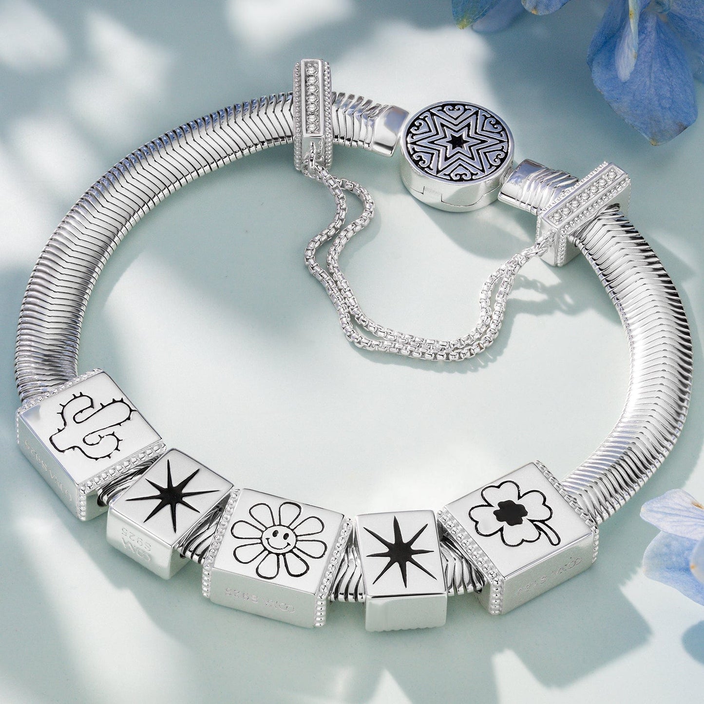 Sterling Silver Smiley Bloom Rectangular Charms Bracelet Set In White Gold Plated(Includes bracelet and all charms shown)